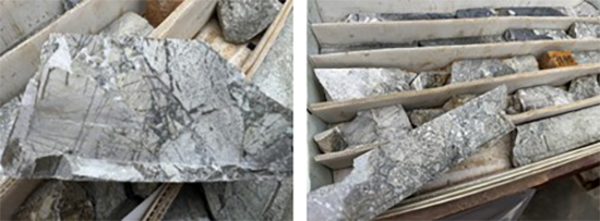 Hole JM 06-08, 71.40 metres: Alteration associated with mineralized intrusive breccias proximal to the Pierina Vein.